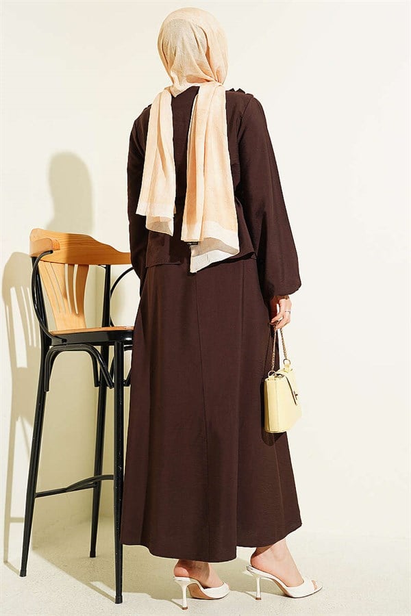 2 Piece Set in coffee color: Collar gathered, belted skirt.