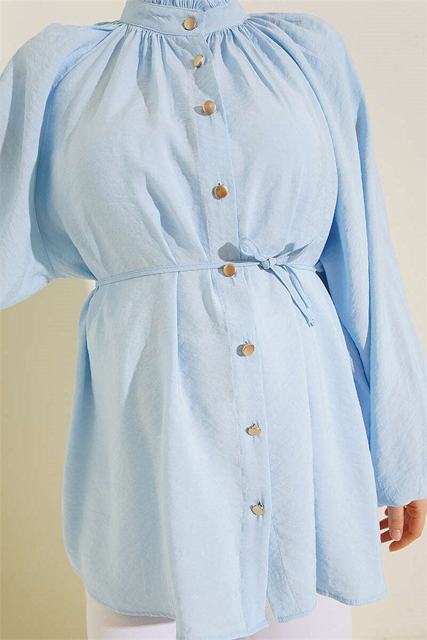 Baby Blue Shirt with Drawstring Collar