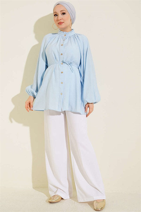 Baby Blue Shirt with Drawstring Collar