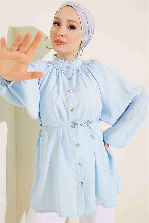 Baby Blue Shirt with Drawstring Collar