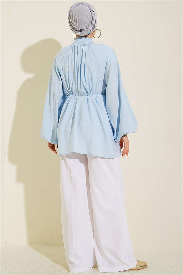 Baby Blue Shirt with Drawstring Collar