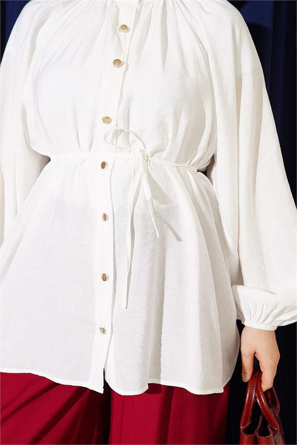 Shirt with Drawstring Collar and Belt, Ecru