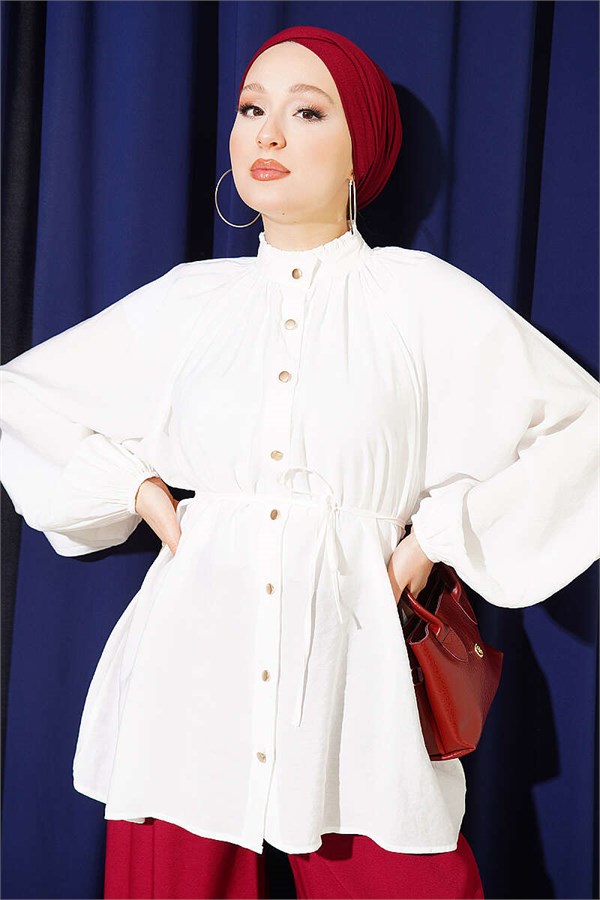 Shirt with Drawstring Collar and Belt, Ecru