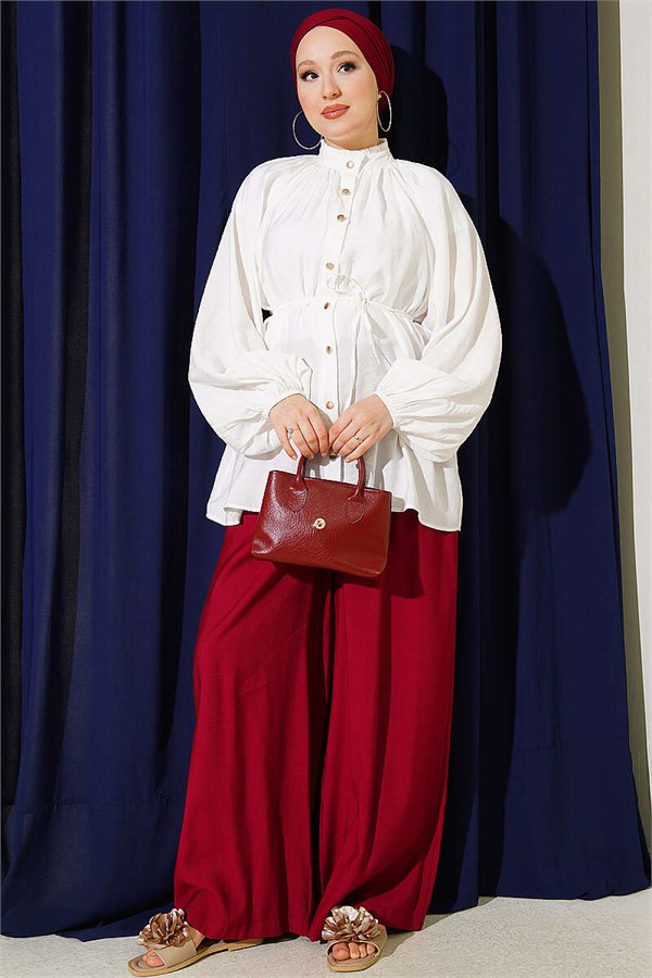 Shirt with Drawstring Collar and Belt, Ecru