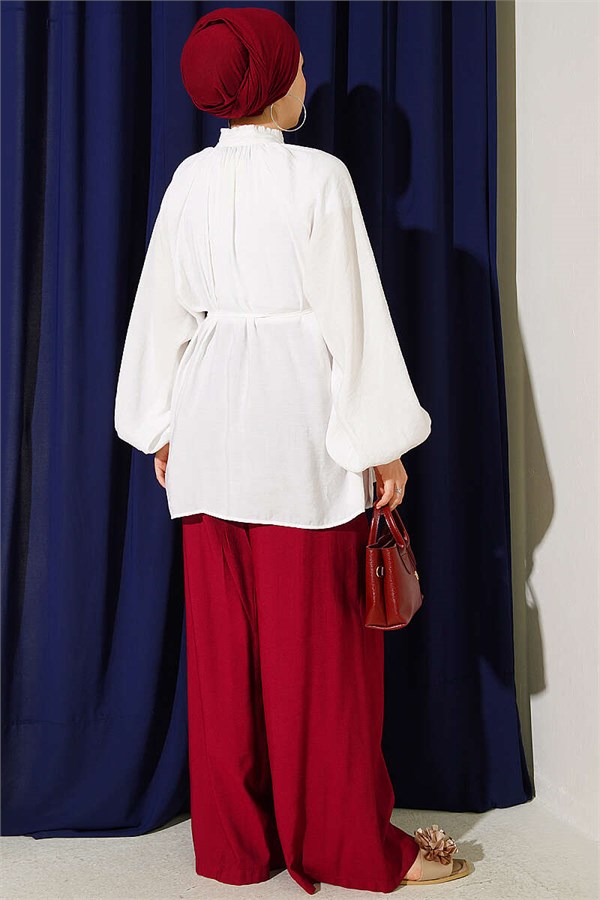 Shirt with Drawstring Collar and Belt, Ecru