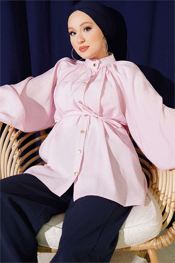 Pink Shirt with Drawstring Collar