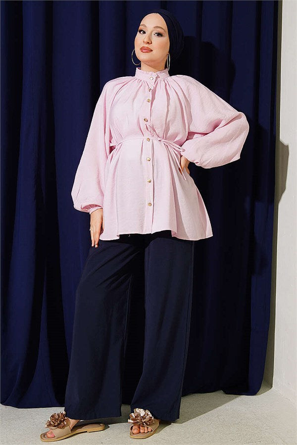 Pink Shirt with Drawstring Collar