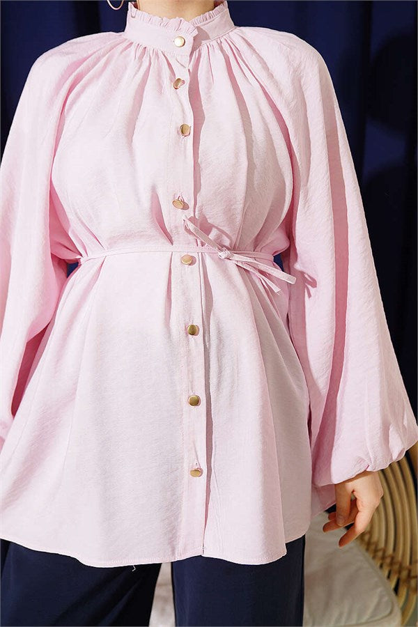 Pink Shirt with Drawstring Collar