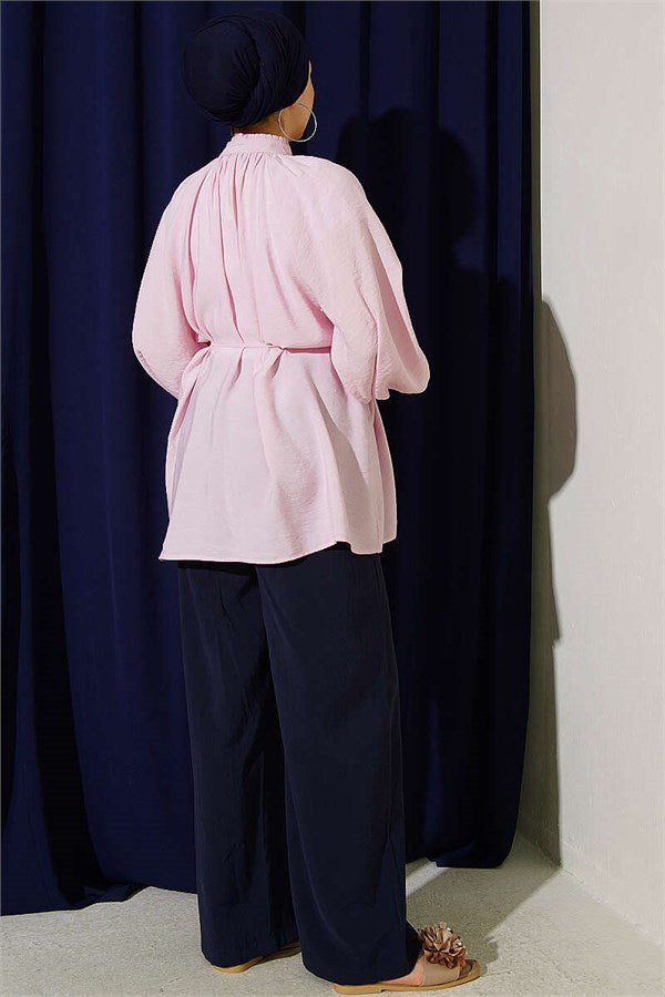 Pink Shirt with Drawstring Collar