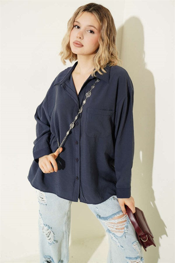 Oversize Shirt with Collar Pockets, Navy Blue