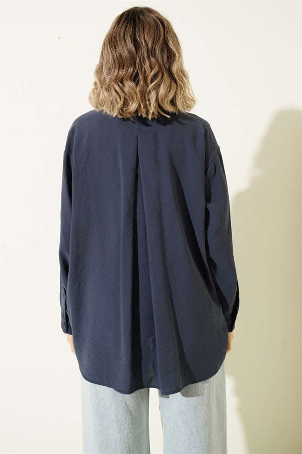 Oversize Shirt with Collar Pockets, Navy Blue