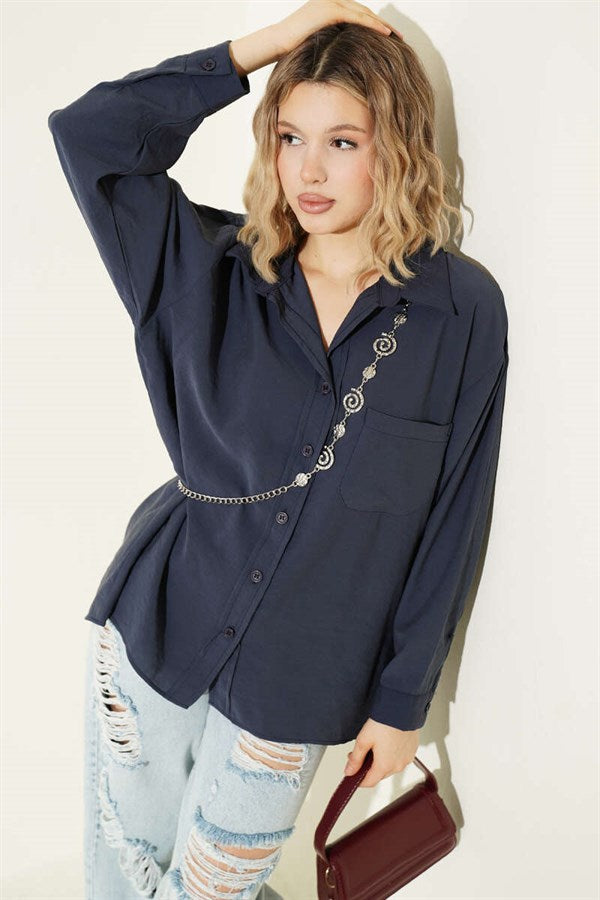 Oversize Shirt with Collar Pockets, Navy Blue