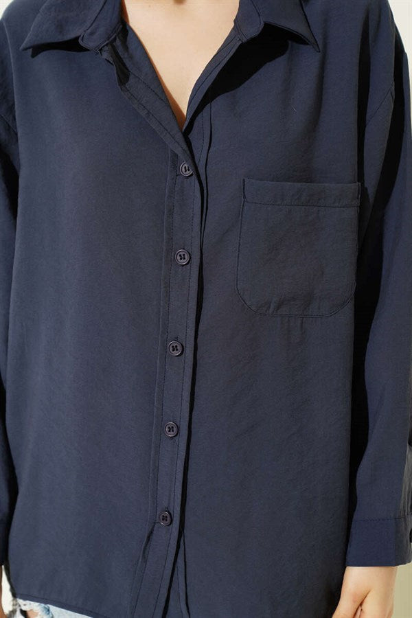 Oversize Shirt with Collar Pockets, Navy Blue
