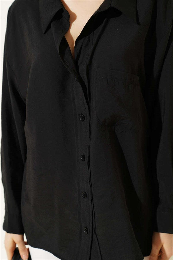 Oversize Shirt with Collar Pockets, Black