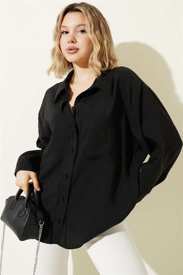Oversize Shirt with Collar Pockets, Black