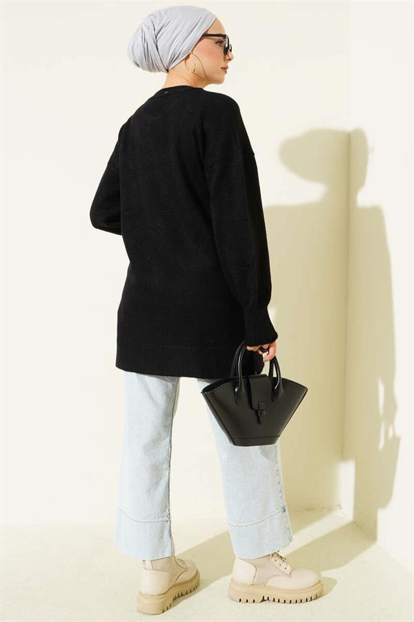 Soft Floral Collar Knit Tunic Black