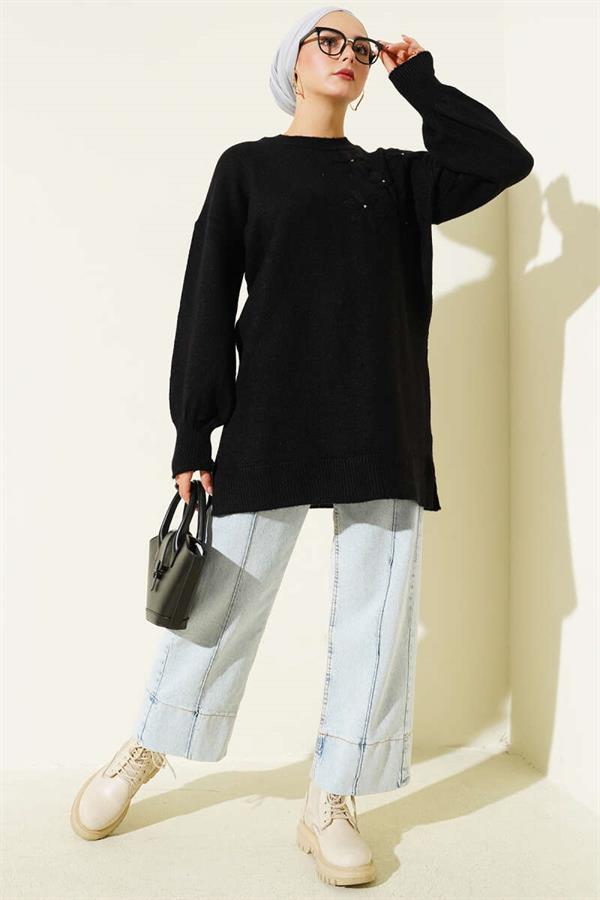 Soft Floral Collar Knit Tunic Black