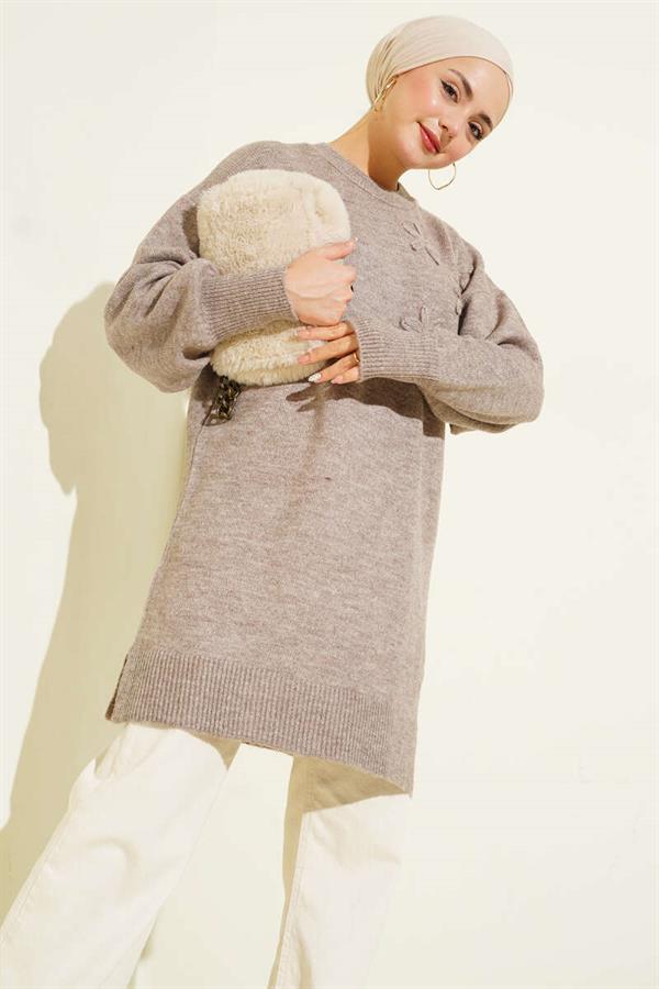Soft Knit Tunic with Floral Collar and Mink