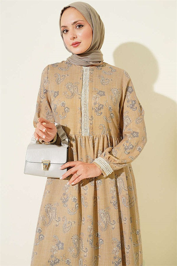 Mustard Dress with Lace Trim Collar