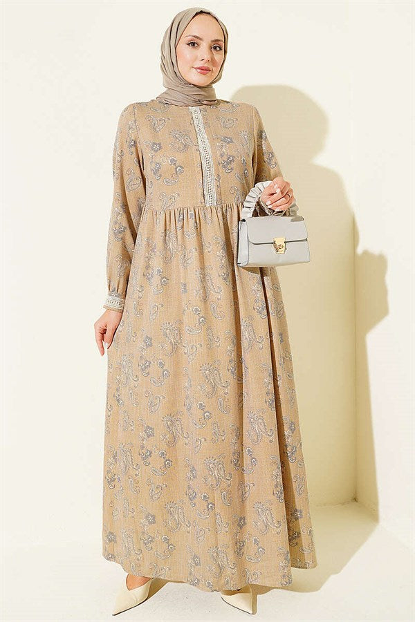 Mustard Dress with Lace Trim Collar