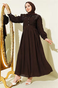 Neckline Lace Balloon Sleeve Dress Coffee