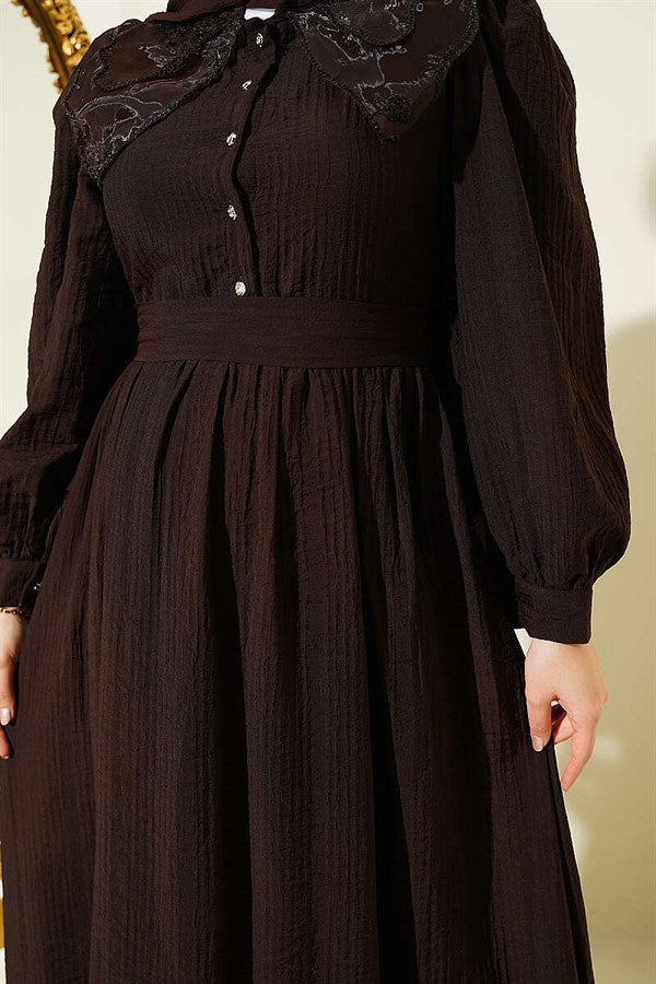 Neckline Lace Balloon Sleeve Dress Coffee