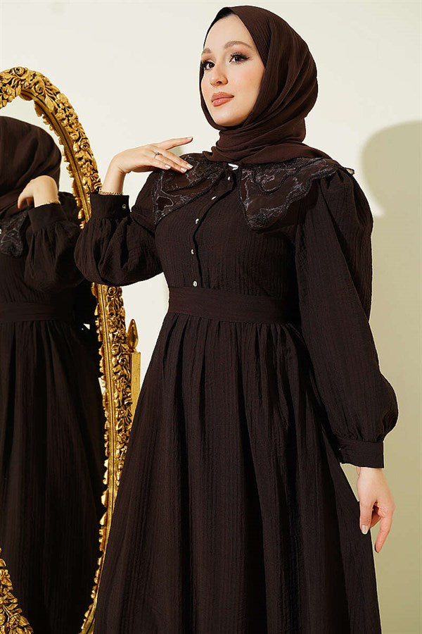 Neckline Lace Balloon Sleeve Dress Coffee