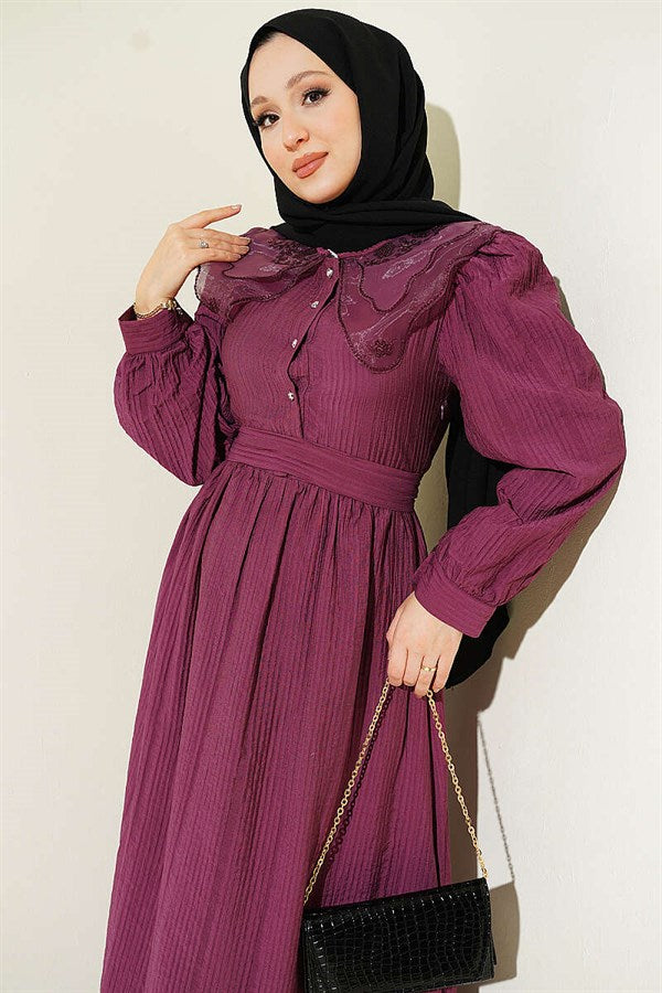 Purple Dress with Lace Collar and Balloon Sleeves