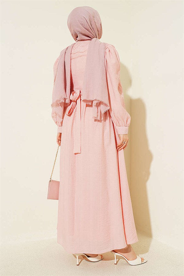 Collar Lace Balloon Sleeve Dress Powder Pink