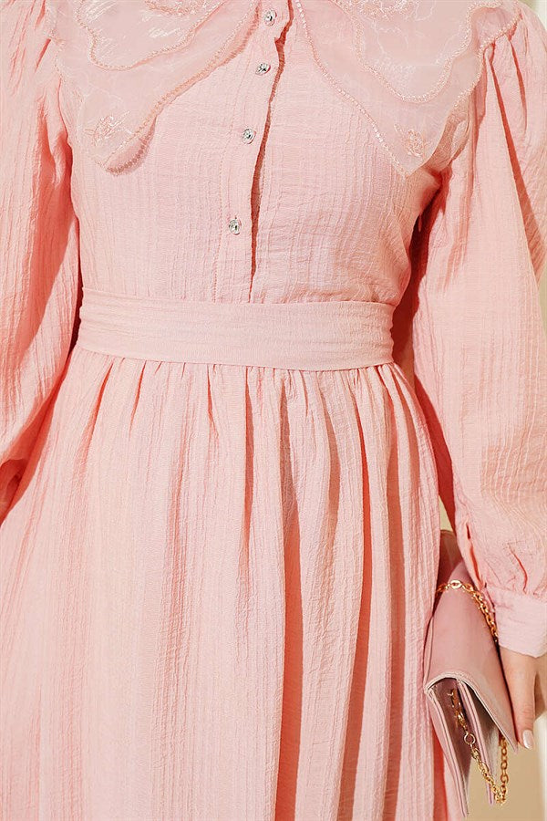 Collar Lace Balloon Sleeve Dress Powder Pink