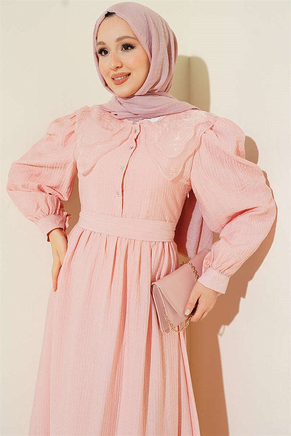 Collar Lace Balloon Sleeve Dress Powder Pink
