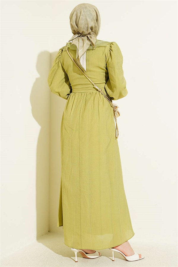 Lace Collar Balloon Sleeve Dress Olive Green