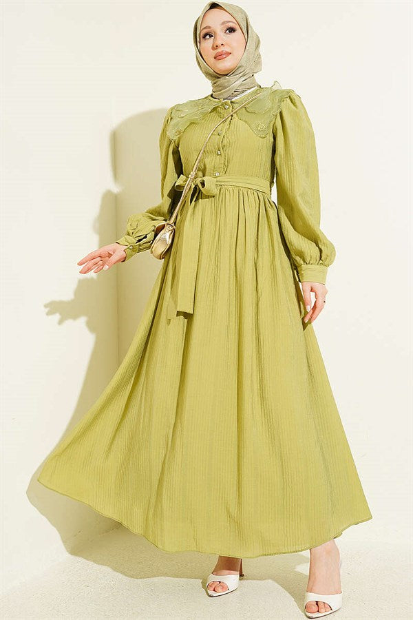 Lace Collar Balloon Sleeve Dress Olive Green