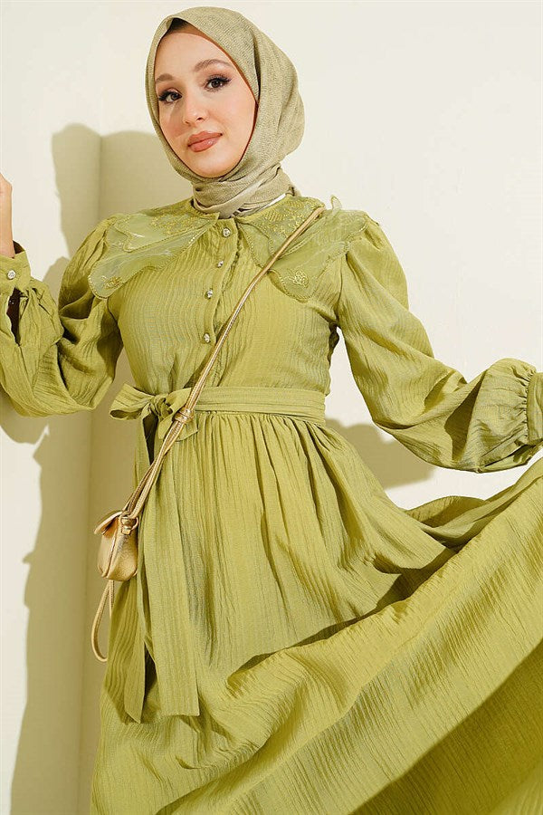 Lace Collar Balloon Sleeve Dress Olive Green