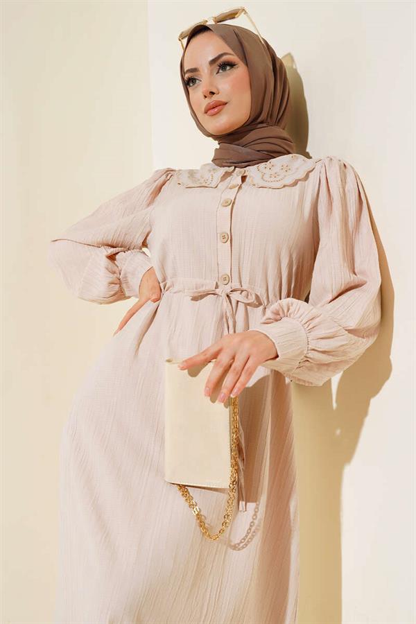 Lace Collar Waist Tunnel Dress Beige