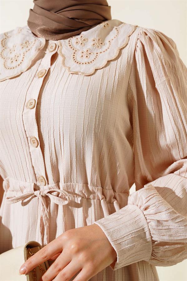 Lace Collar Waist Tunnel Dress Beige