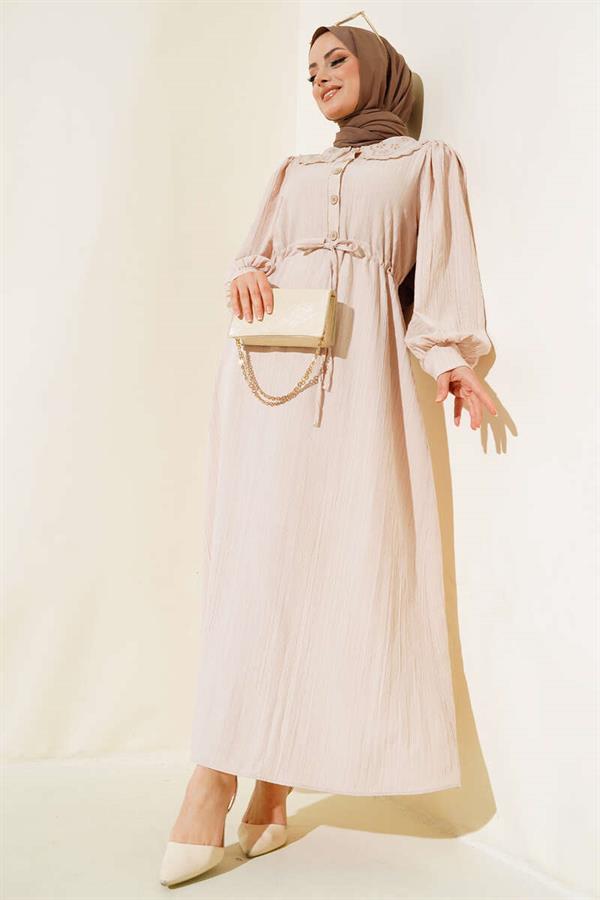 Lace Collar Waist Tunnel Dress Beige