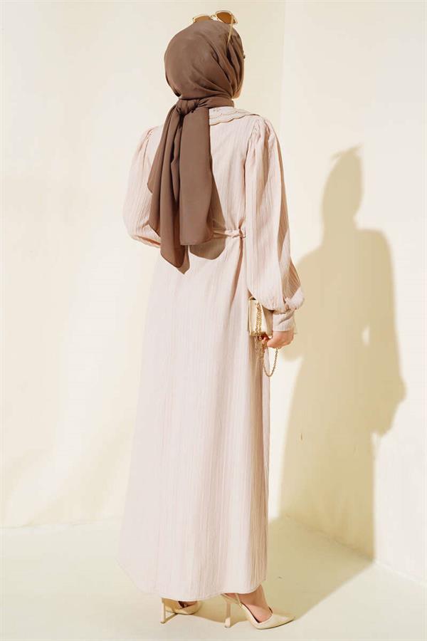 Lace Collar Buttoned Dress Beige