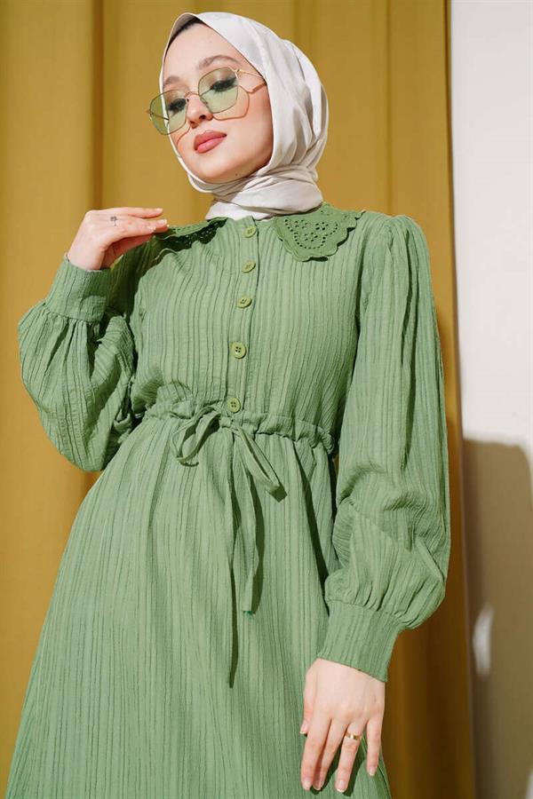 Lace Collar Buttoned Dress Almond Green