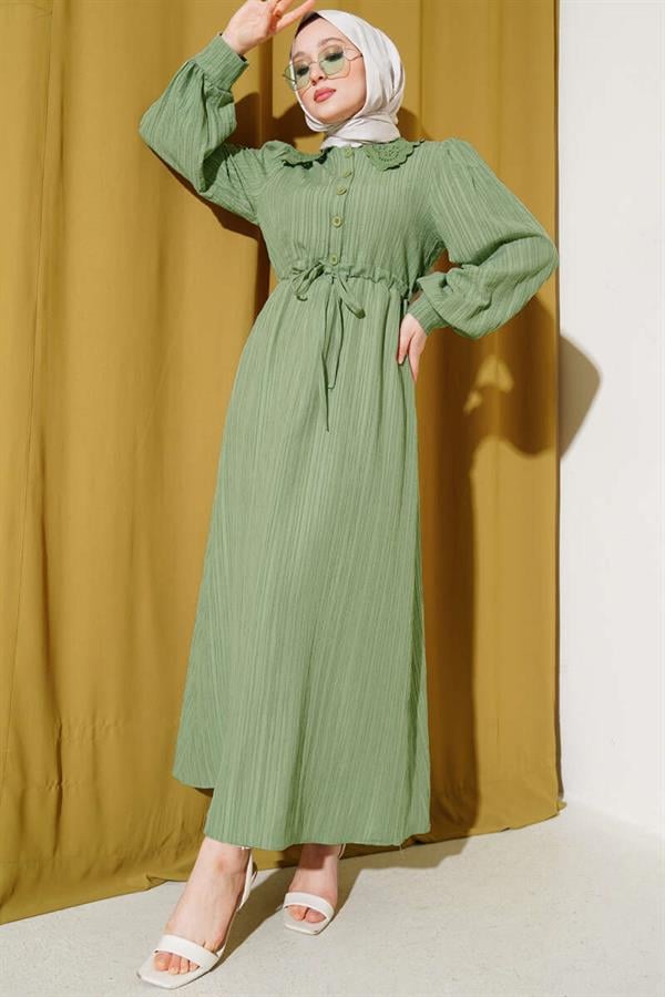 Lace Collar Buttoned Dress Almond Green