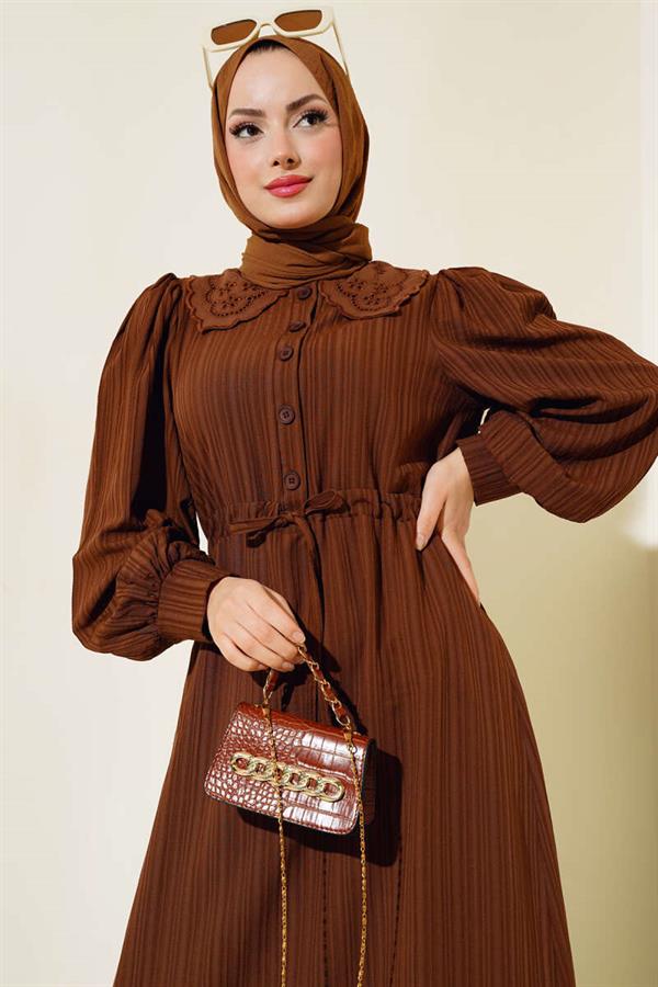 Lace Collar Buttoned Dress Brown
