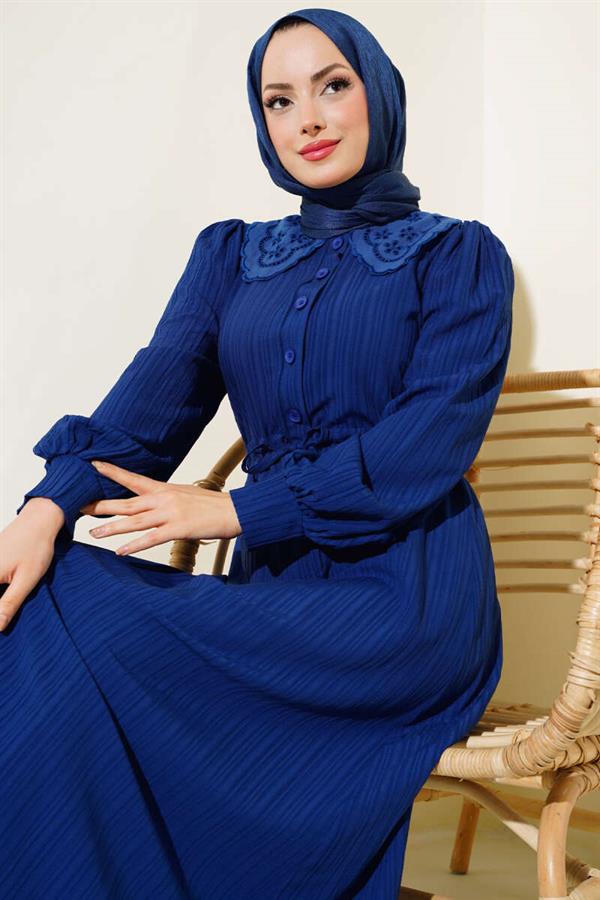 Lace Collar Buttoned Dress Navy Blue