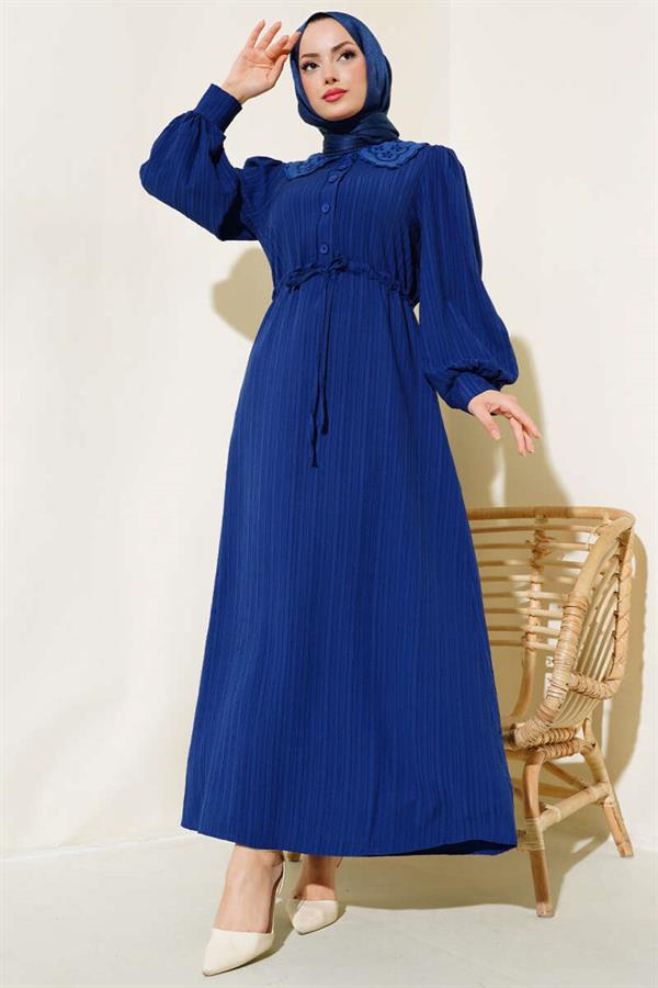 Lace Collar Buttoned Dress Navy Blue