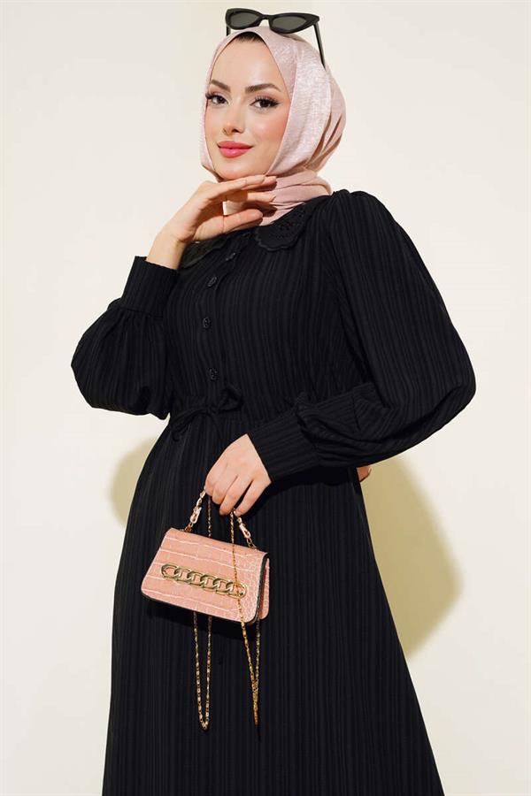 Lace Collar Buttoned Dress Black