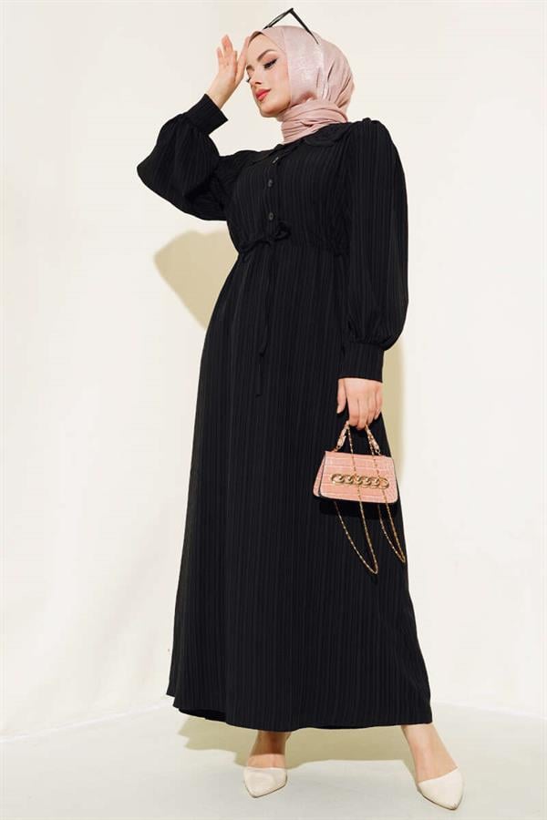Lace Collar Buttoned Dress Black