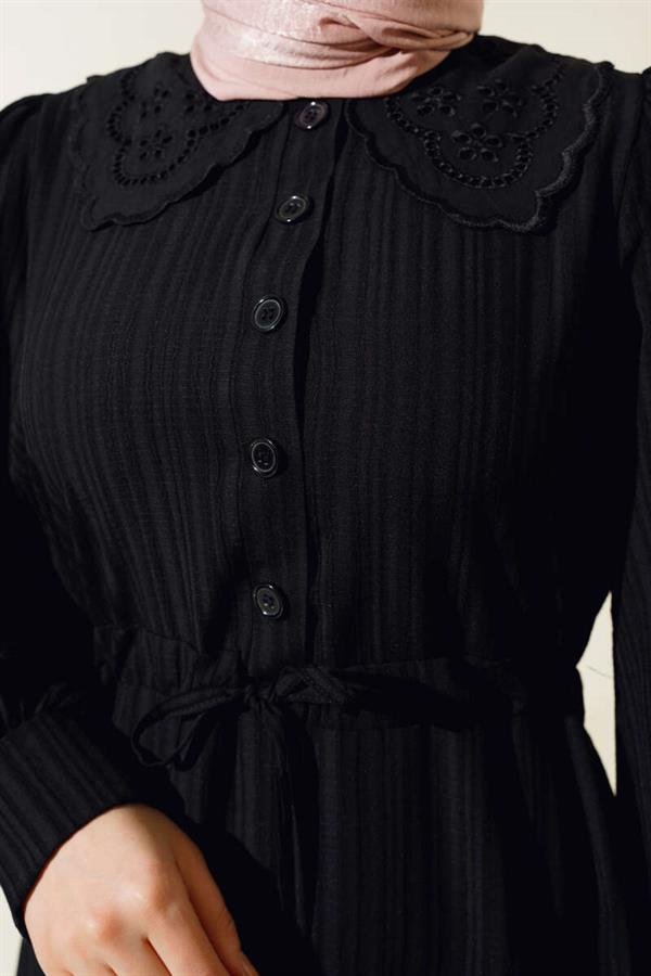 Lace Collar Buttoned Dress Black