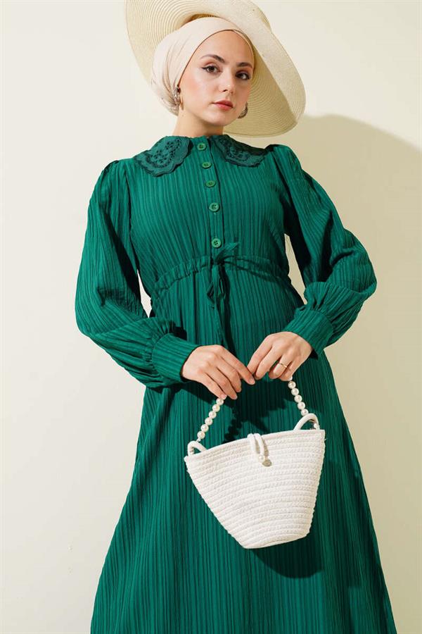 Lace Collar Buttoned Dress Green