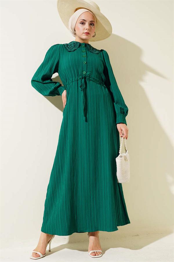Lace Collar Buttoned Dress Green