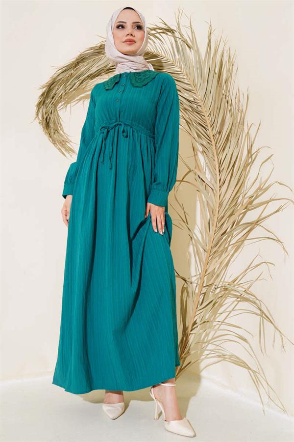 Half Buttoned Lace Collar Dress Emerald