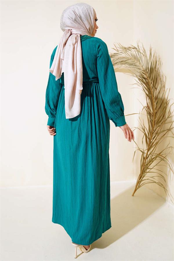 Half Buttoned Lace Collar Dress Emerald